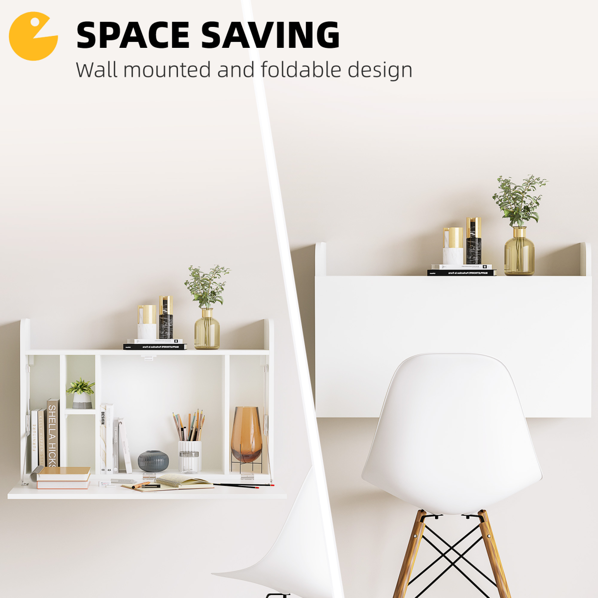Wall-Mounted Drop Leaf Floating Desk with Storage Compartments – Fold-Down Laptop Desk for Home Office
