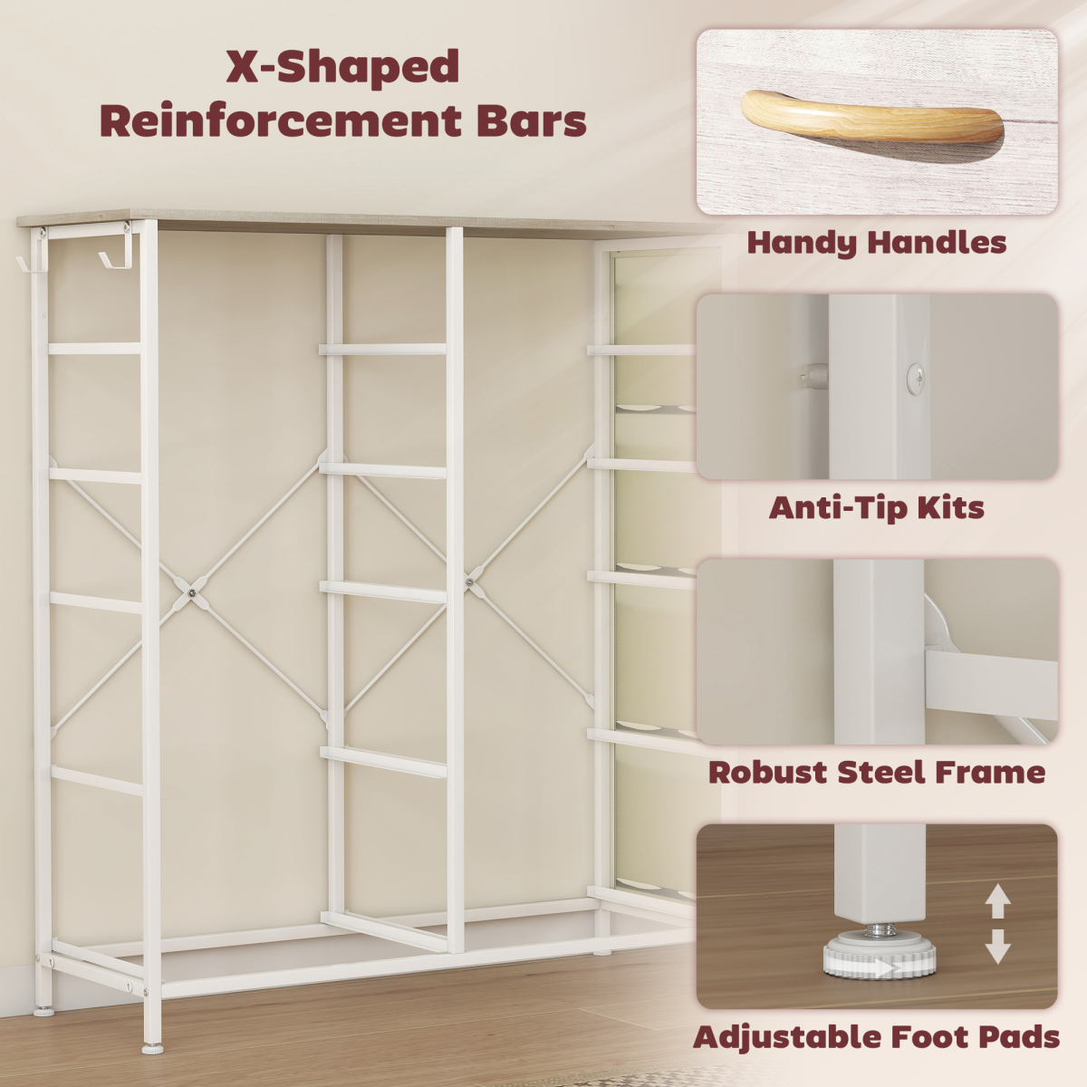 10-Drawer Fabric Chest of Drawers with Side Pockets & Hooks, Steel Frame, 86 x 30 x 94.5 cm – Natural Wood & White