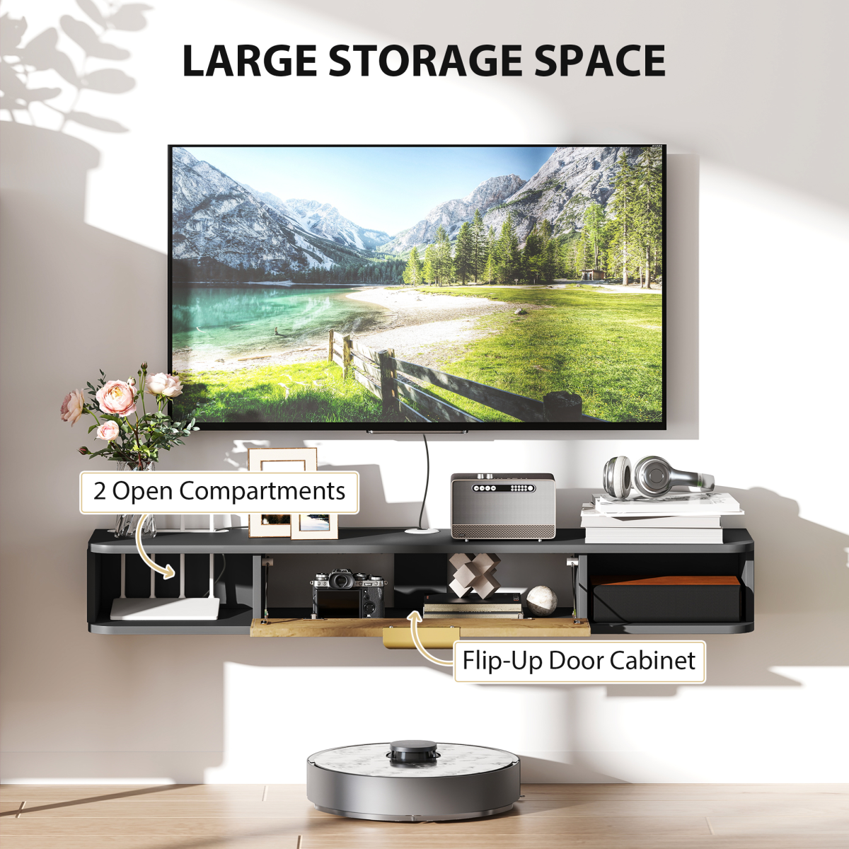 HOMCOM 120cm Floating TV Unit with Two Open Compartments – Wall-Mounted Media Console, Grey