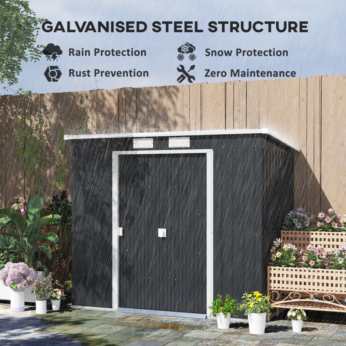 Outsunny 7x4ft Metal Garden Storage Shed with Sliding Double Door – Galvanised Steel Tool Shed, Dark Grey
