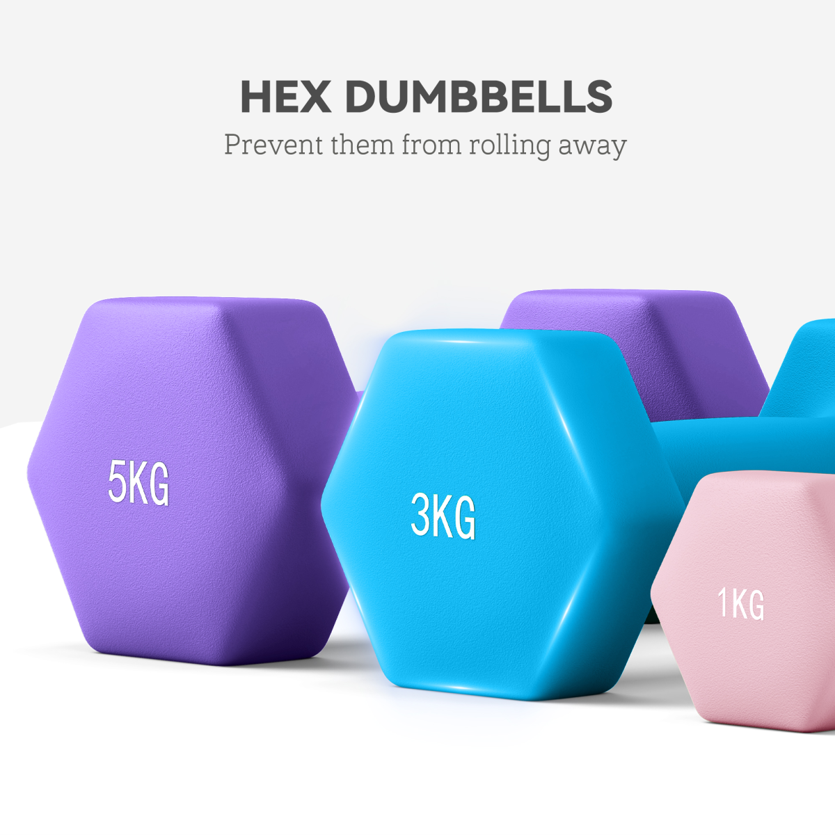 Dumbbell Set with Storage Rack, 18kg Total (2 x 1kg, 2 x 3kg, 2 x 5kg) – Home Gym Hand Weights, Pink, Blue & Purple