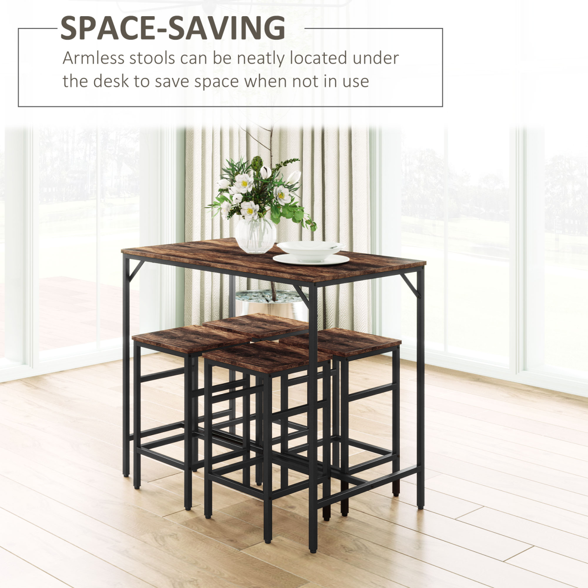 HOMCOM Industrial 5-Piece Bar Set with Table and 4 Stools, Steel Frame and Footrest Rings – Black/Brown