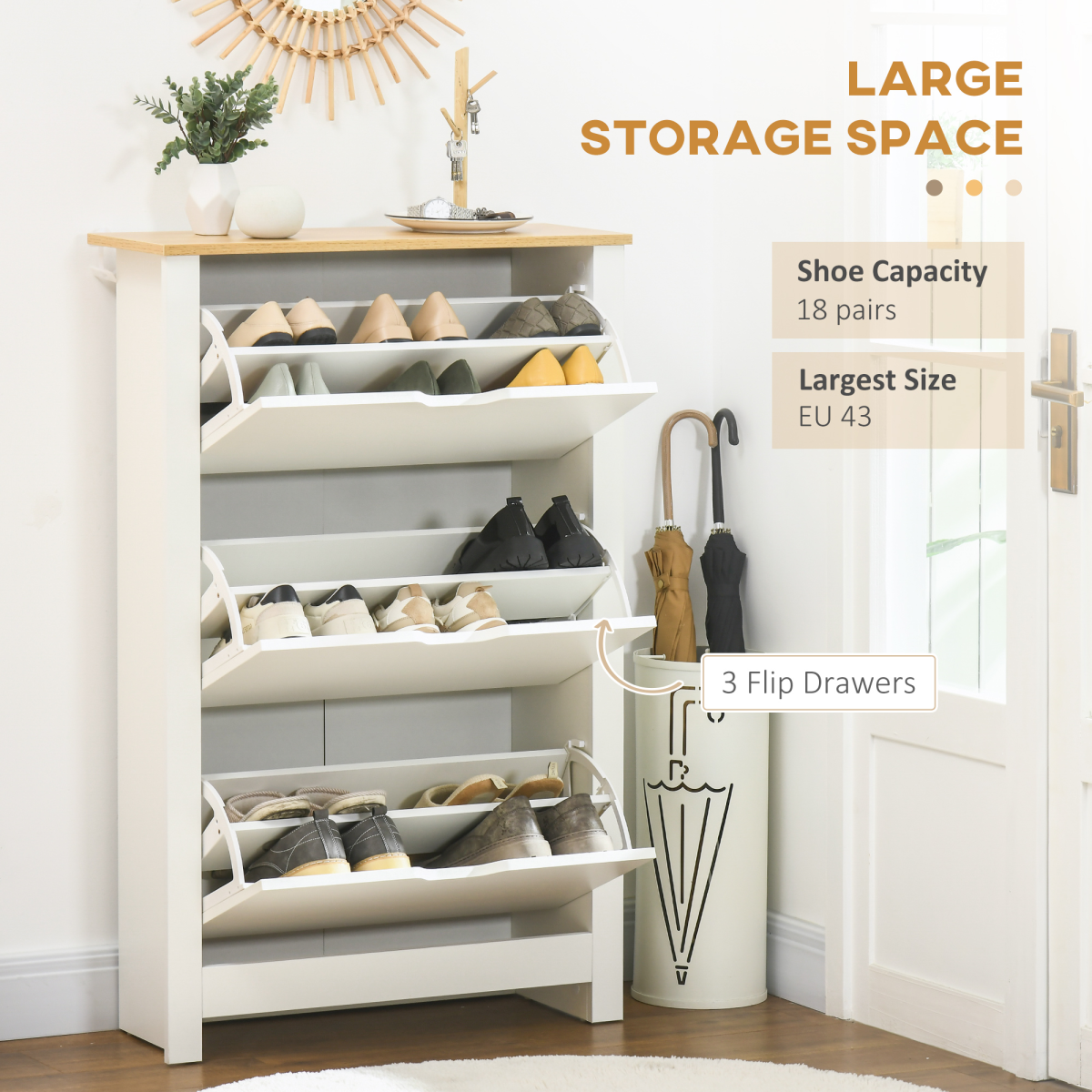 HOMCOM 18 Pair Shoe Storage Cabinet with 6 Shelves & 3 Drawers – Hallway Organiser, White