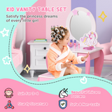 HOMCOM Kids Dressing Table with Mirror and Stool – Unicorn Vanity Set for Girls Aged 3-6, Pink and White
