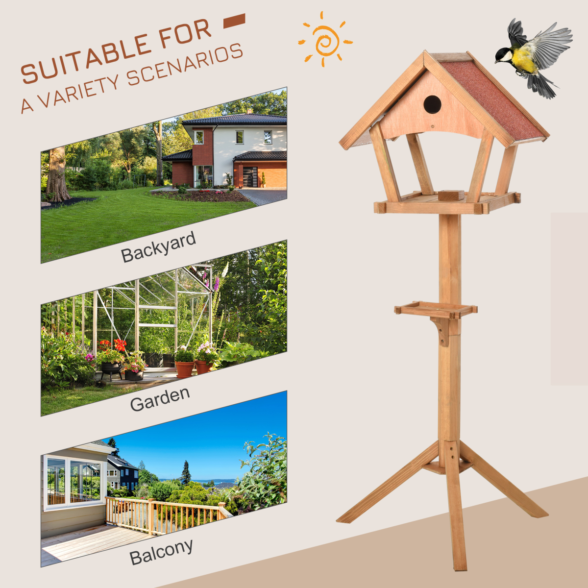 PawHut Wooden Bird Feeder Stand with 2 Platforms and Nesting Hole – Weather Resistant Garden Bird House