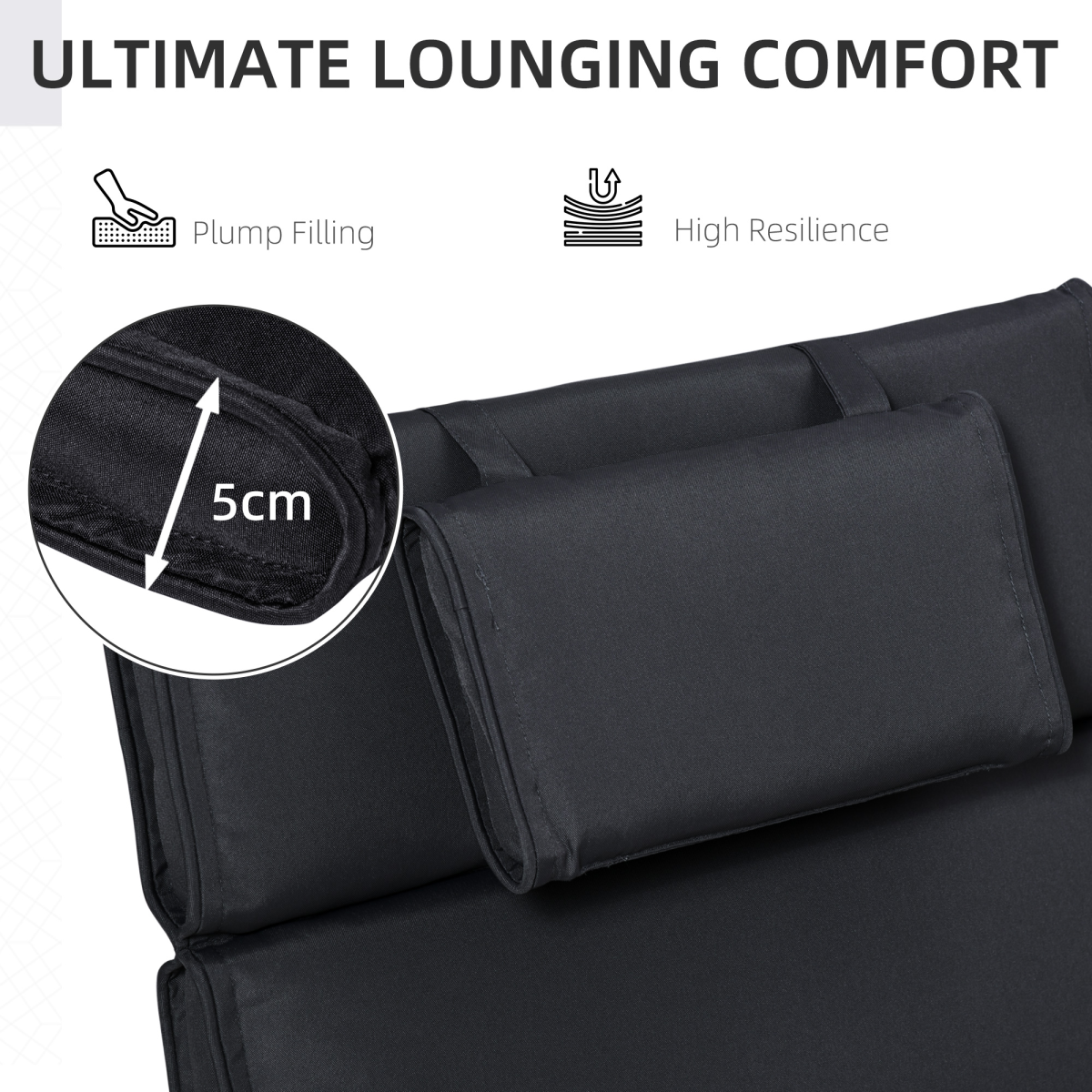 Outsunny Sun Lounger Cushion with Head Pillow and Side Ties – Indoor & Outdoor Reclining Relaxer Pad, Black