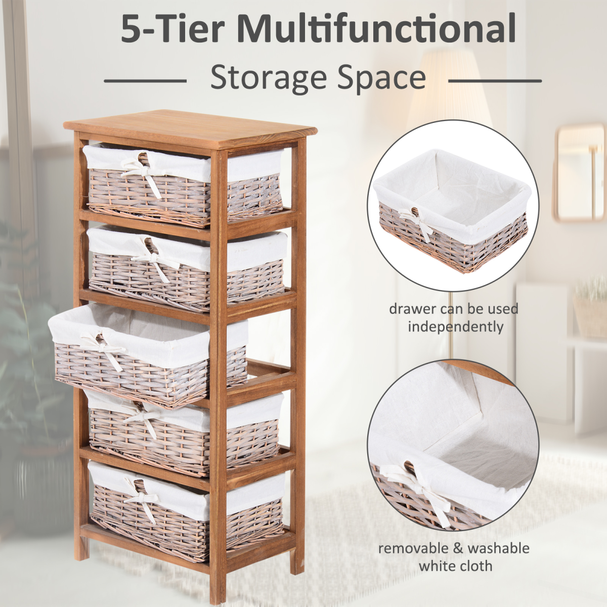 HOMCOM 5-Drawer Wooden Storage Unit with Wicker Woven Baskets – Rustic Drawers for Bedrooms & Hallways