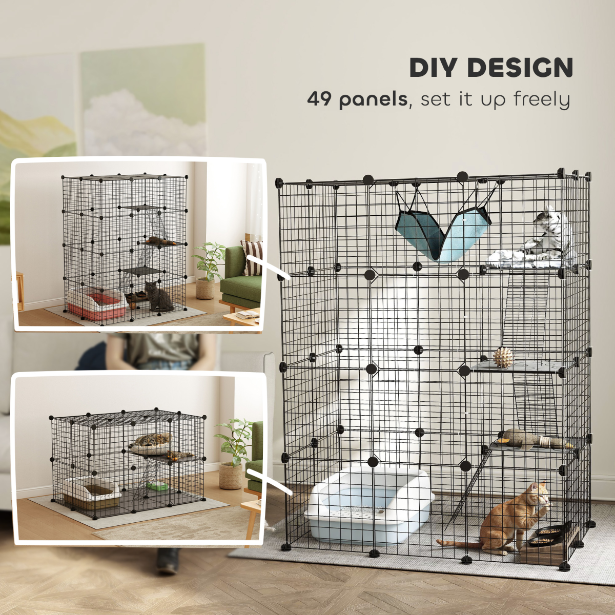 PawHut Customisable Cat Playhouse with Four Tiers, Ramps & Hammock – DIY Cat Enclosure for Up to Three Cats, Black