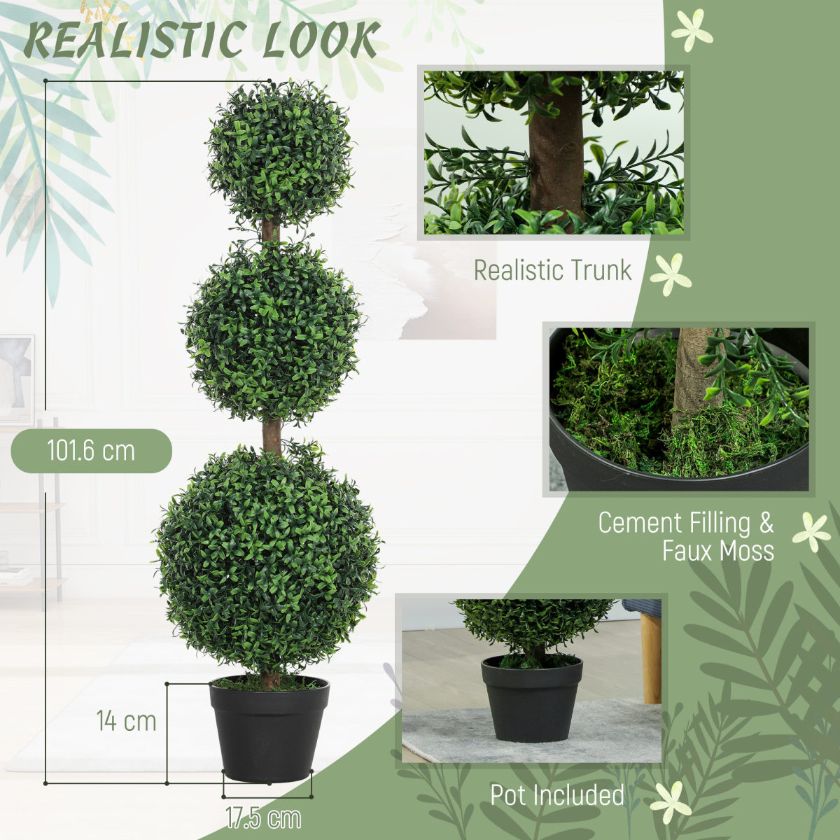HOMCOM Set of 2 Decorative Artificial Plants Boxwood Trees in Pot, Green