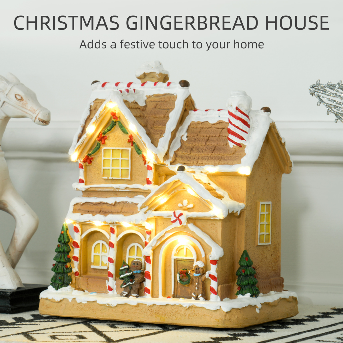 HOMCOM Lighted Musical Christmas Candy House with Gingerbread Man – 12 LED Lights, 8 Songs, Brown