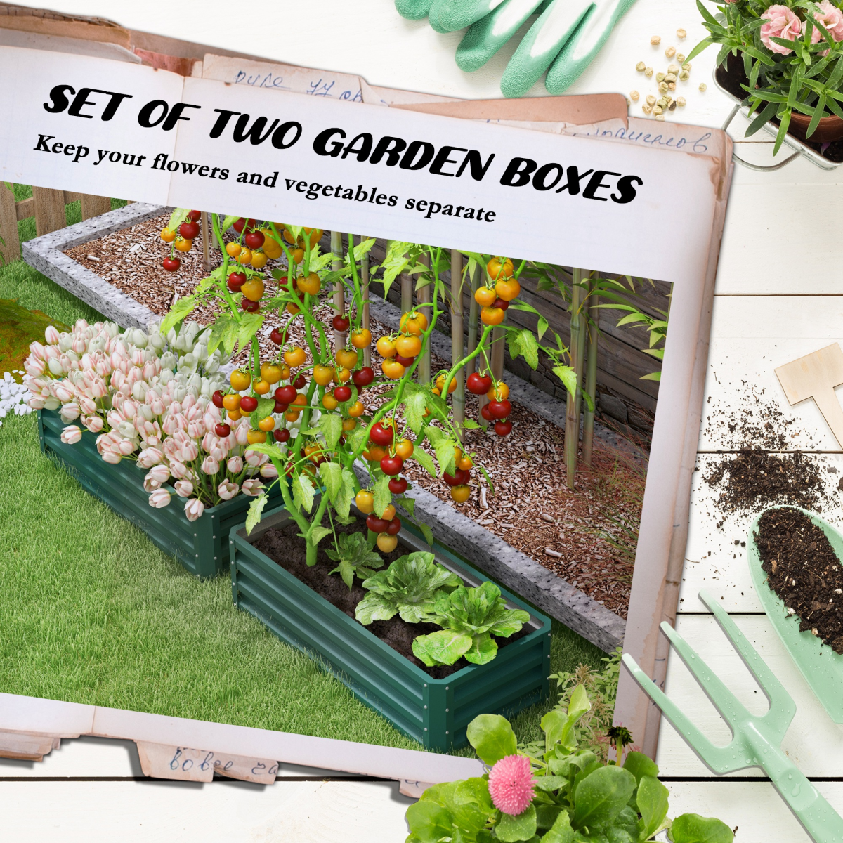 Outsunny Set of 2 Galvanised Steel Raised Garden Beds, Outdoor Planter Boxes – Open Bottom, Green