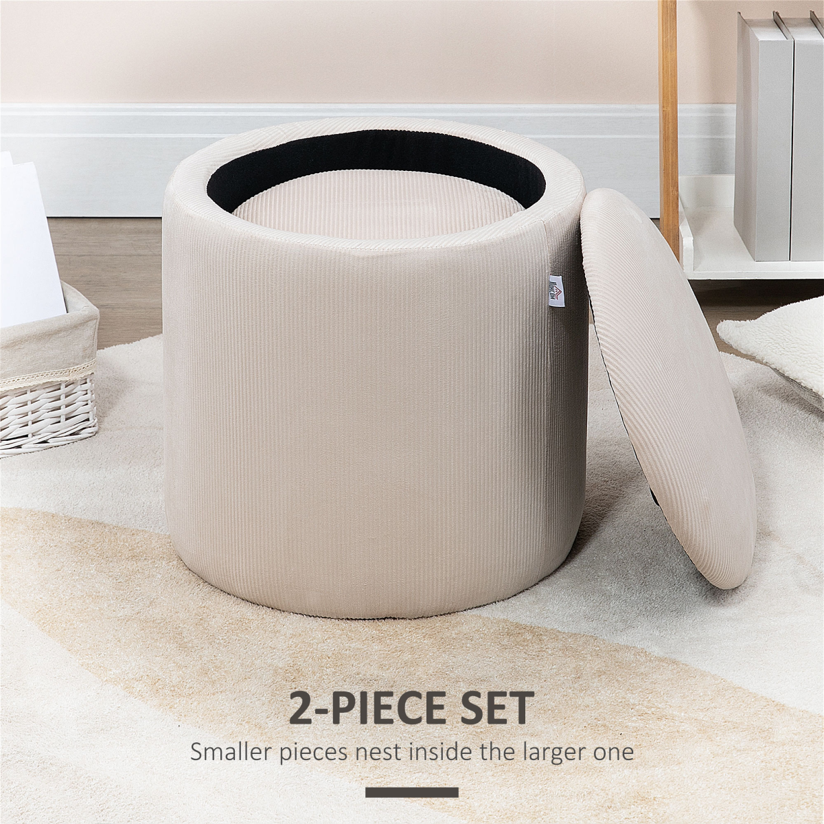 HOMCOM Set of 2 Fabric Storage Ottomans with Removable Lids – Hidden Storage and Extra Seating, Cream White