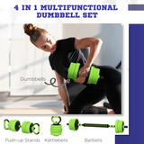 SPORTNOW 4-in-1 Weight Set, 20kg – Dumbbells, Barbell, Kettlebell & Push Up Stand for Home Gym, Green