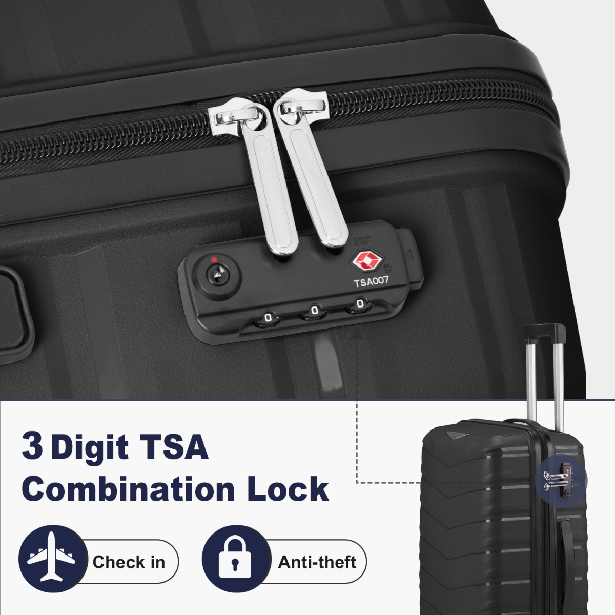 3-Piece V-Stripe Trolley Luggage Set, 20", 24" & 28" PP Suitcases with Iron Handles, Black