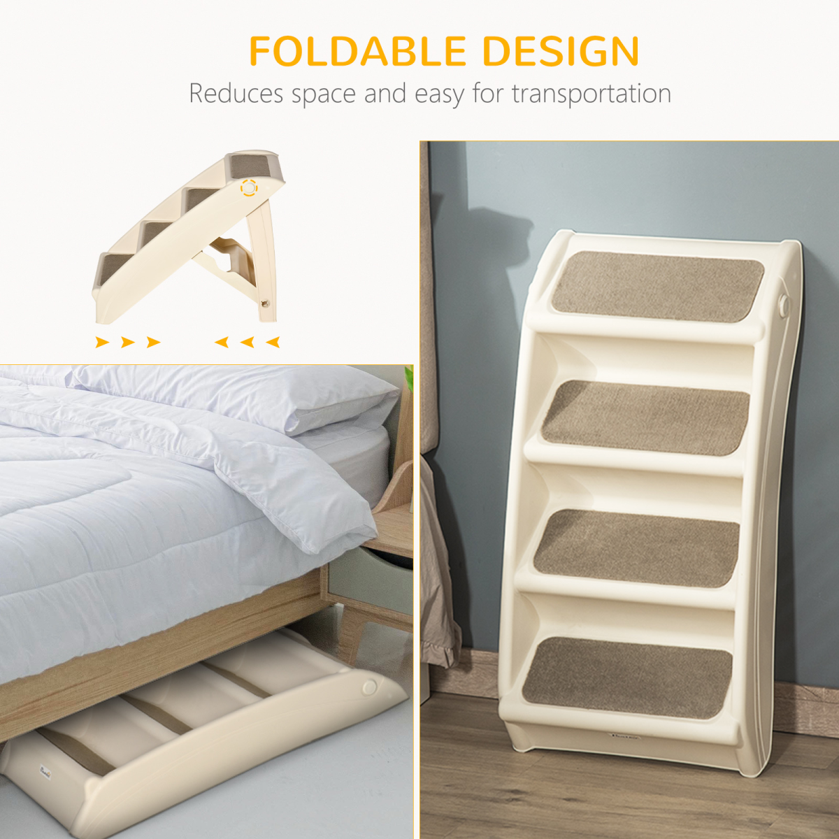 Foldable Non-Slip Pet Steps for Bed and Sofa – Portable Dog and Cat Stairs for Small Pets, Beige