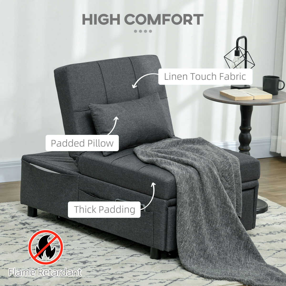 HOMCOM Folding Single Sofa Bed with Adjustable Backrest & Pillow – Sofa, Lounger and Bed in One, Grey