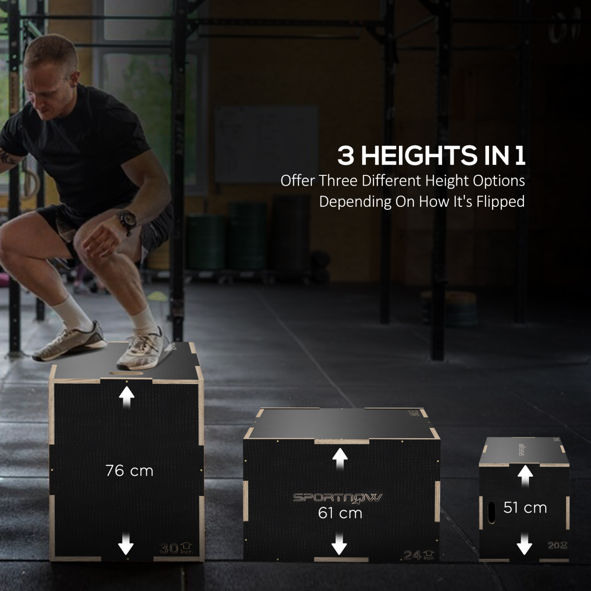 SPORTNOW 3-in-1 Wooden Plyometric Jump Box, 51/61/76cm Heights – Non-Slip Plyo Box for Home Gym Training, Black