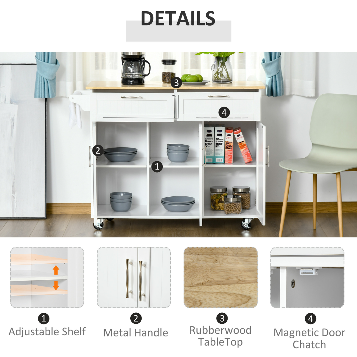 Kitchen Storage Cabinet with 2 Drawers, 3 Cupboards and Side Towel Rack – Flat Worktop Sideboard