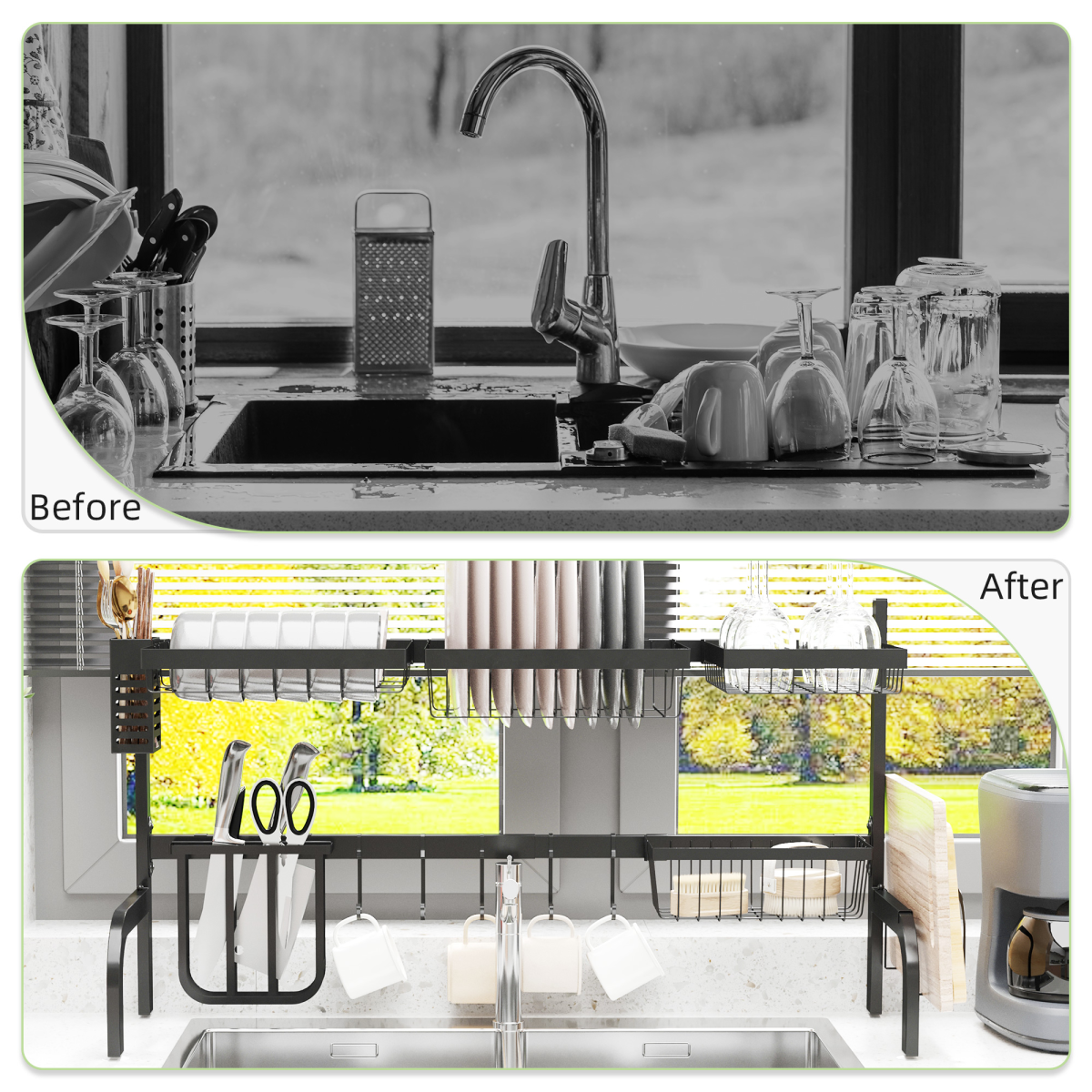 2-Tier Over the Sink Dish Drying Rack with Adjustable Width – Space-Saving Drainer with Cutlery Holders