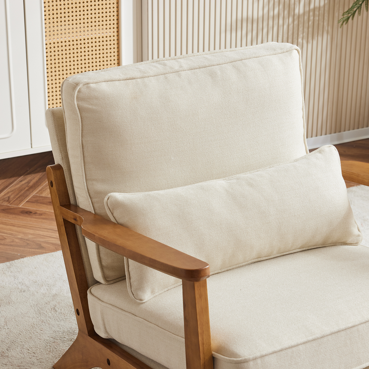 Upholstered Single Lounge Chair with Solid Wood Armrests – Mid-Century Modern Accent Armchair, Off-White