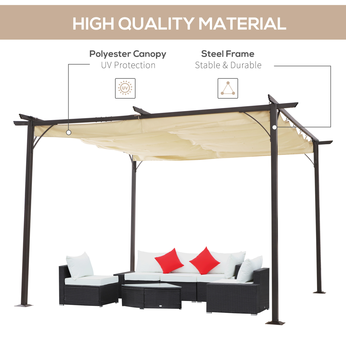Outsunny Steel Garden Pergola with Retractable Canopy, 350cm – Patio Shade, Black/Beige
