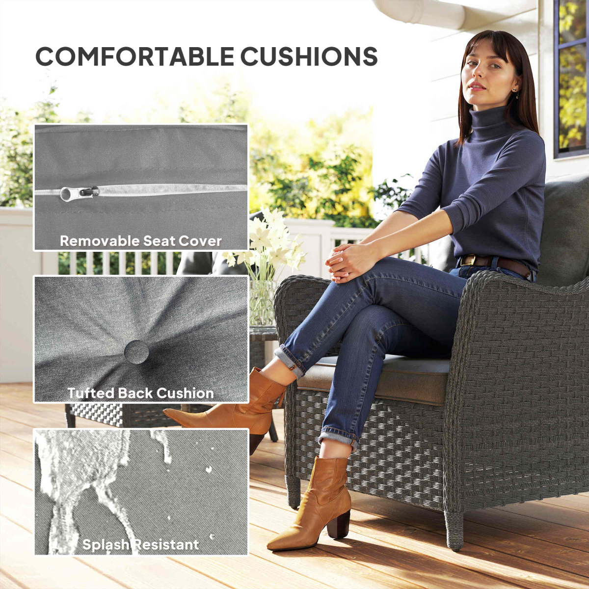 Set of 2 Rattan Garden Chairs with Padded Seat & Back Cushions – Steel Frame Outdoor Armchairs, Dark Grey