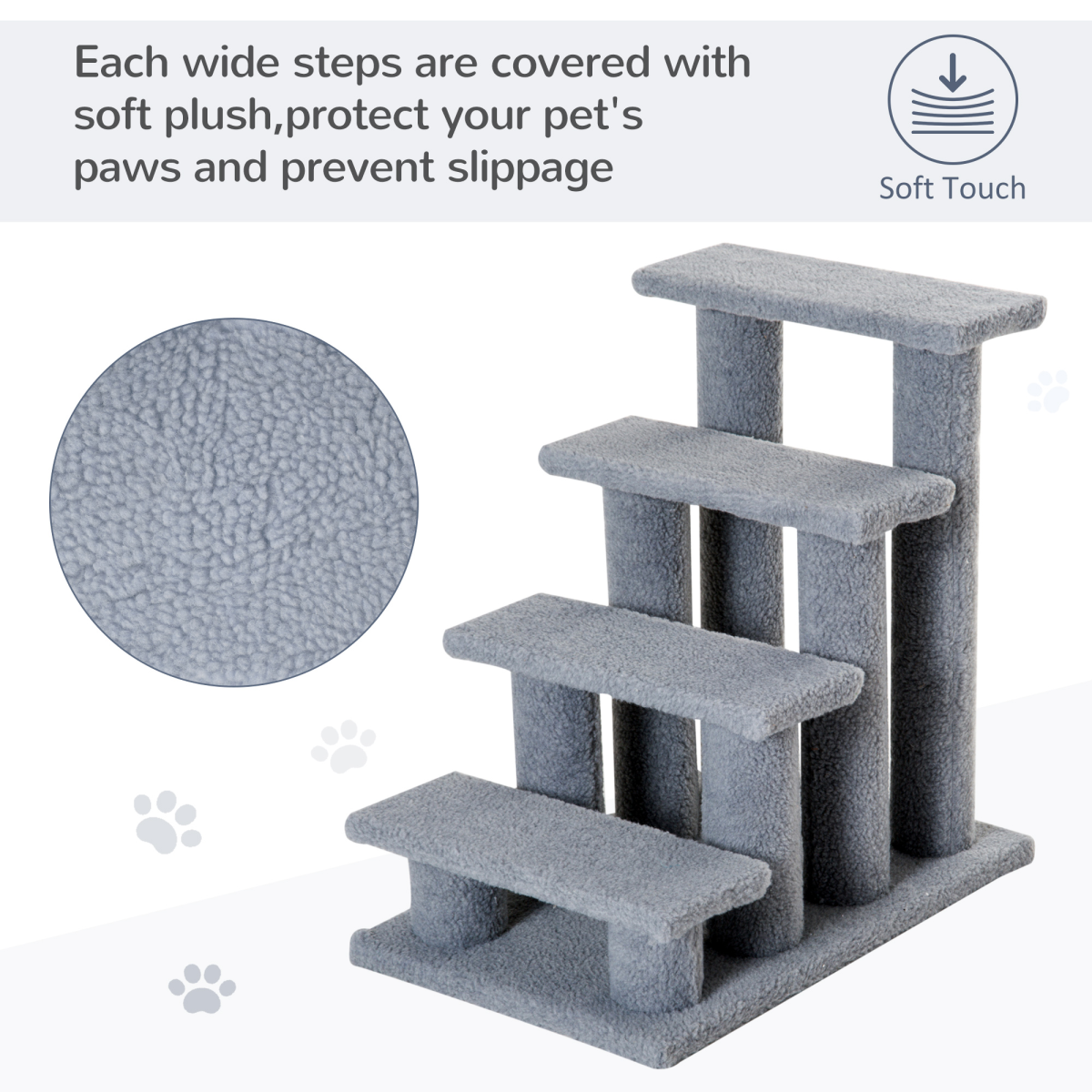 Pawhut 4-Step Pet Ramp Stairs with Faux Fur Cover – Safety Climbing Steps for Cats and Dogs, Grey