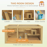 PawHut Wooden Hamster Cage with Water Bottle, Platforms, Seesaw & Openable Roof – Dwarf Hamster Habitat