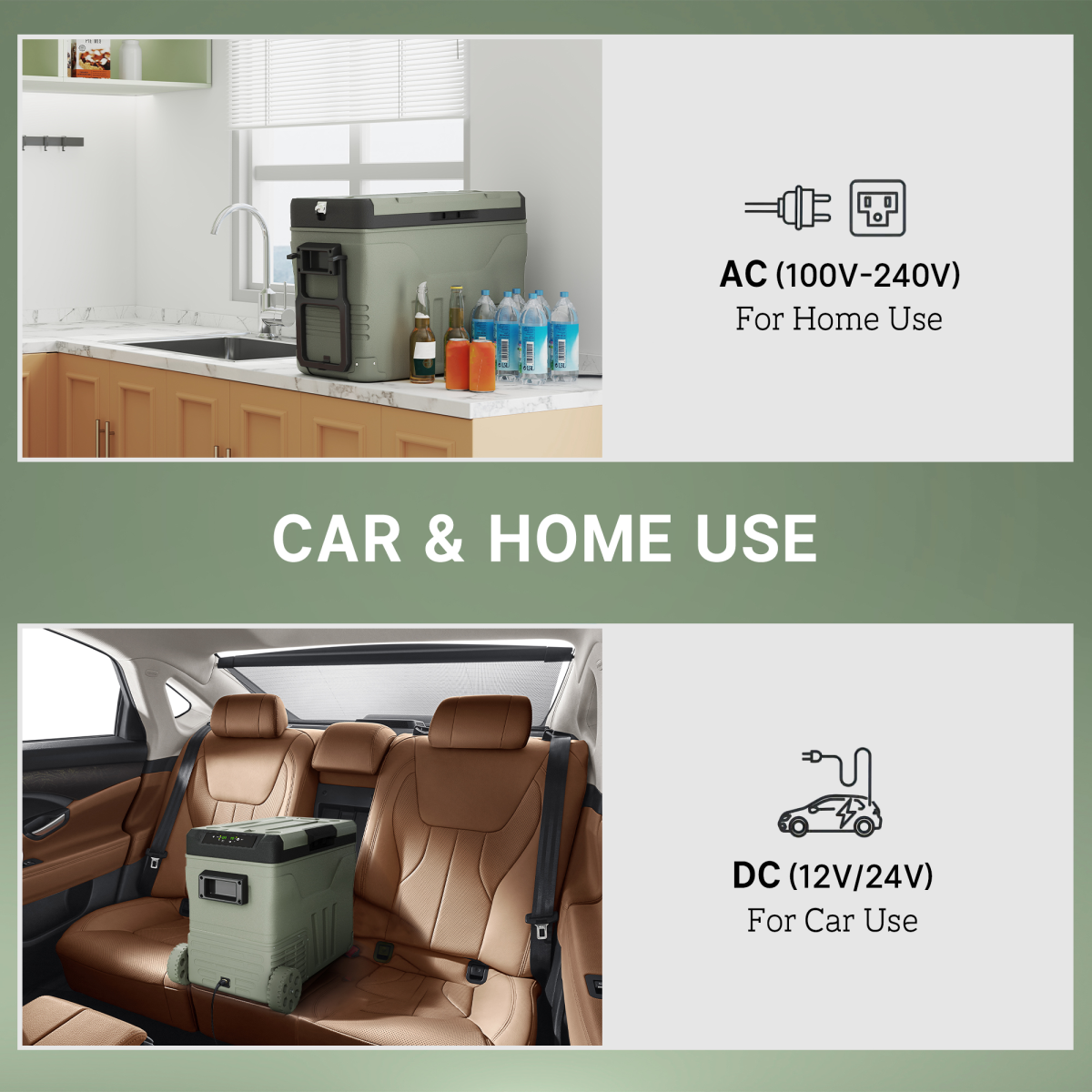 Outsunny 45L Camping Fridge Freezer with Dual Zones, DC & AC Power and LED Panel – Car Fridge, Green
