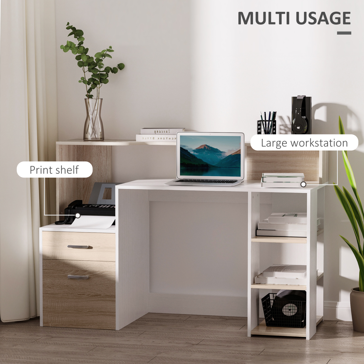 HOMCOM Multi-Storage Computer Workstation with Shelves, 2 Drawers & Printer Space – Home Office Desk, Oak