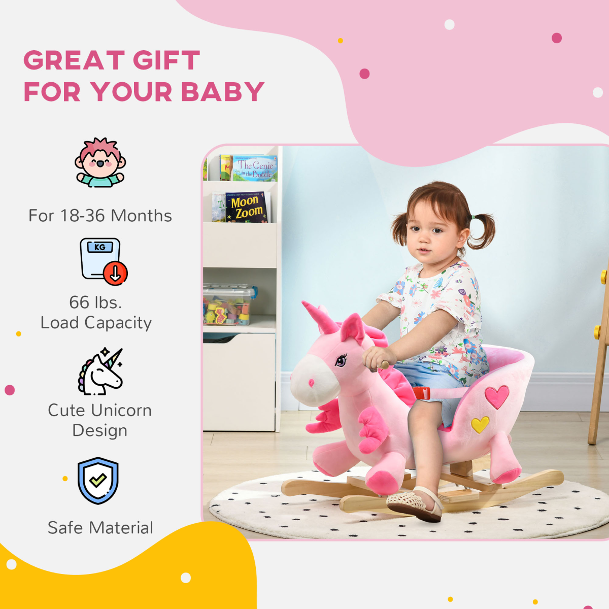 Kids Rocking Horse with Metal Frame, Seatbelt & 32 Songs – Toddler Ride-On Toy for Ages 18+ Months, Pink