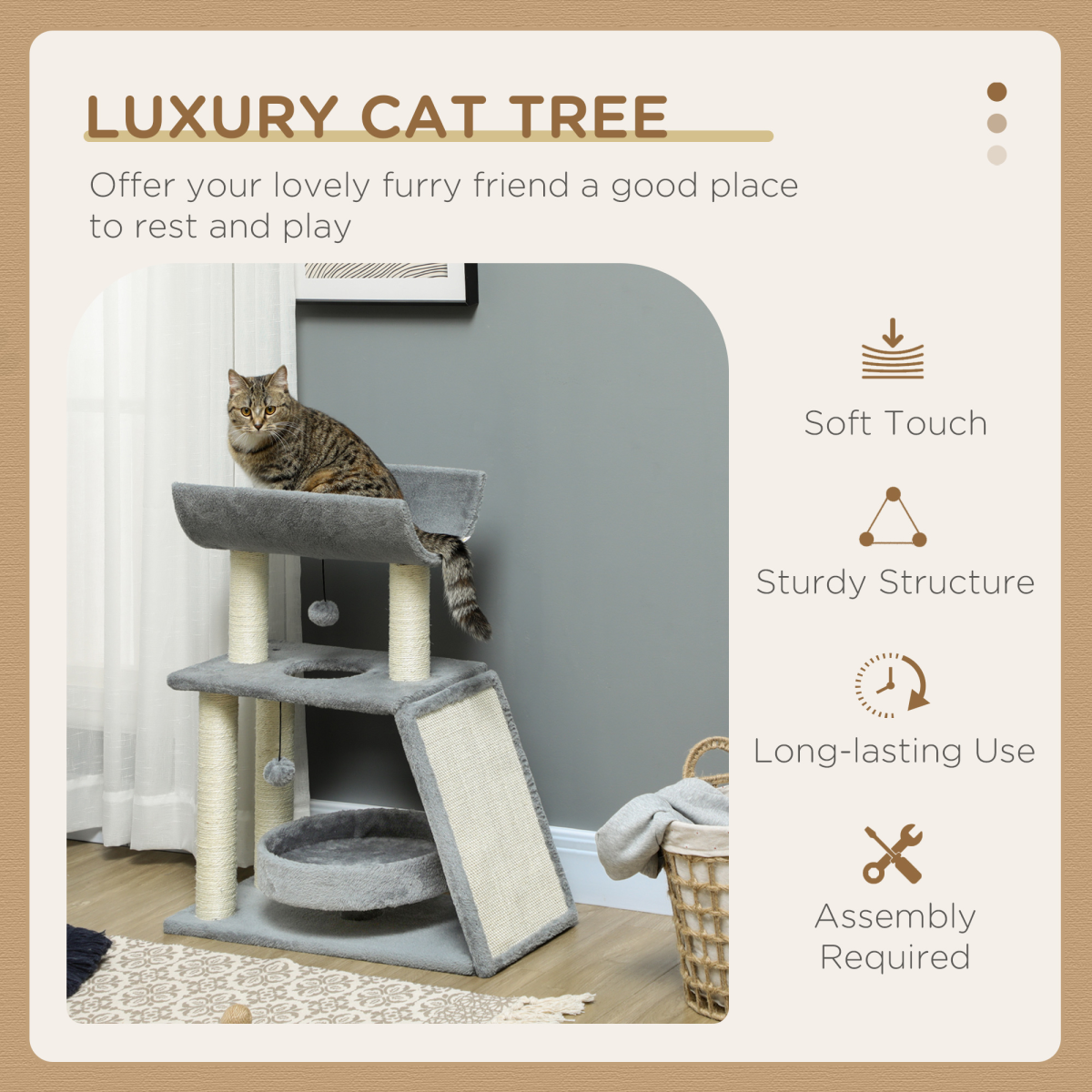 Cat Tree Tower for Indoor Cats with Scratching Posts, Padded Bed and Toy Ball – Light Grey