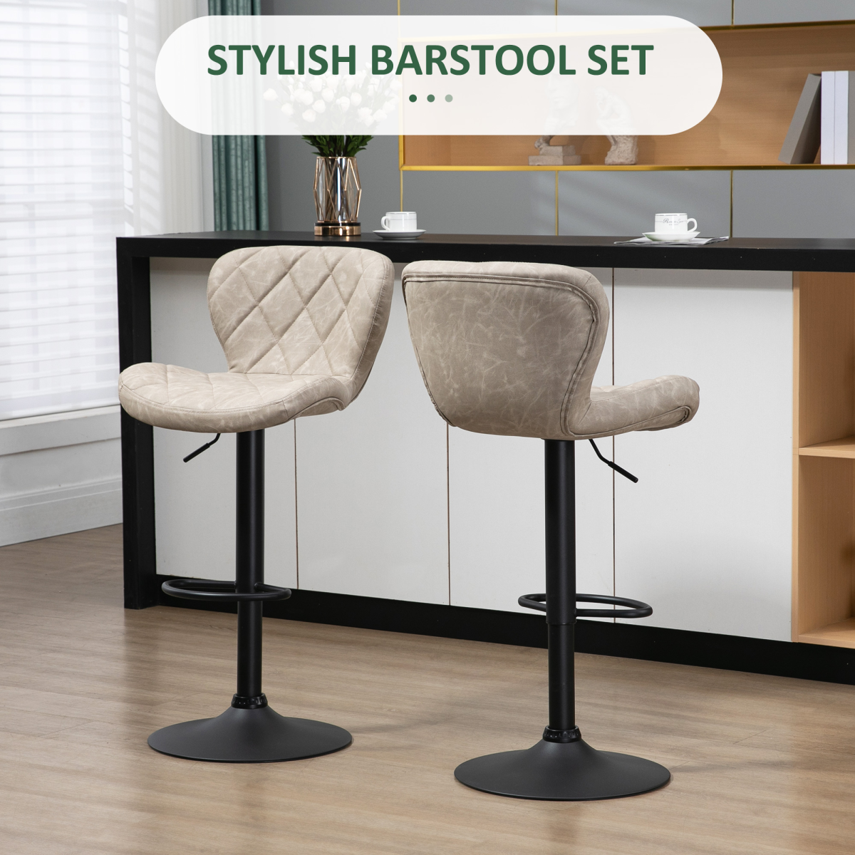 HOMCOM Set of 2 Swivel Bar Stools with Backrest and Footrest – Adjustable Height, Diamond Pattern PU, Khaki