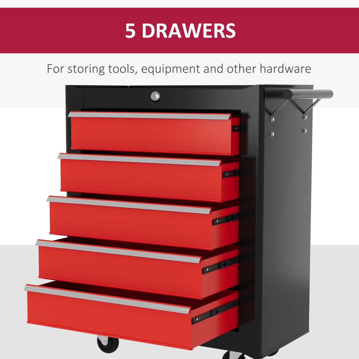 HOMCOM 5-Drawer Lockable Steel Tool Chest on Wheels – Garage & Workshop Tool Storage, Red