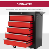 HOMCOM 5-Drawer Lockable Steel Tool Chest on Wheels – Garage & Workshop Tool Storage, Red