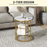 HOMCOM Set of 2 Marble-Effect Two-Tier Tables with Gold Tone Steel Legs – Coffee & Side Tables, White