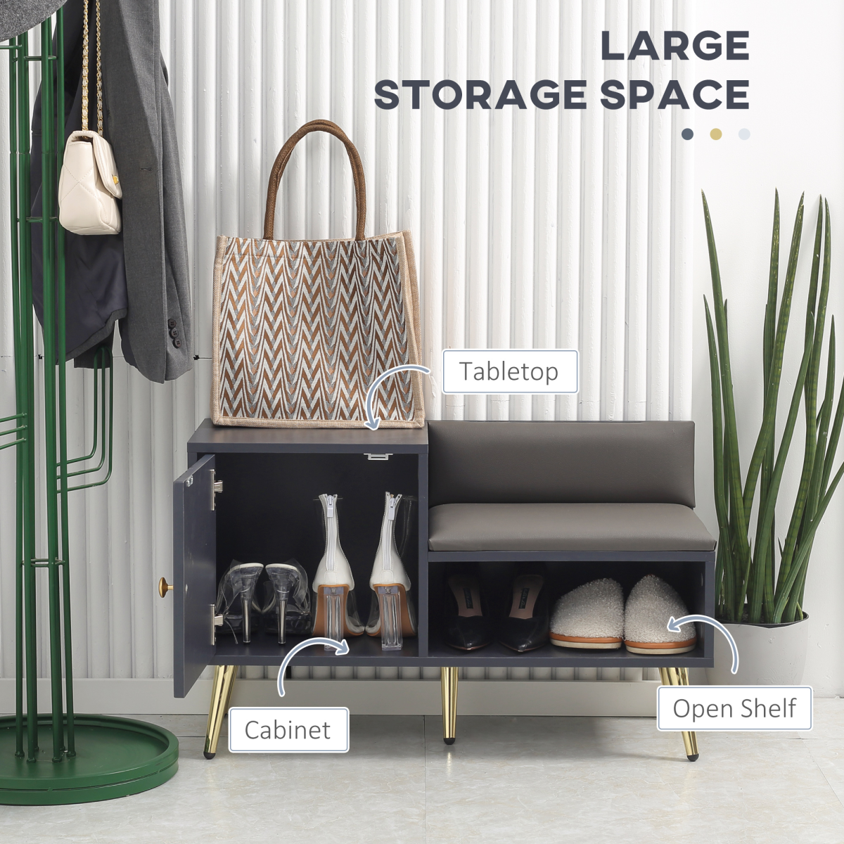Hallway Shoe Bench with Enclosed Storage Cabinet & Padded Seat Cushion – Entryway Seating, Grey