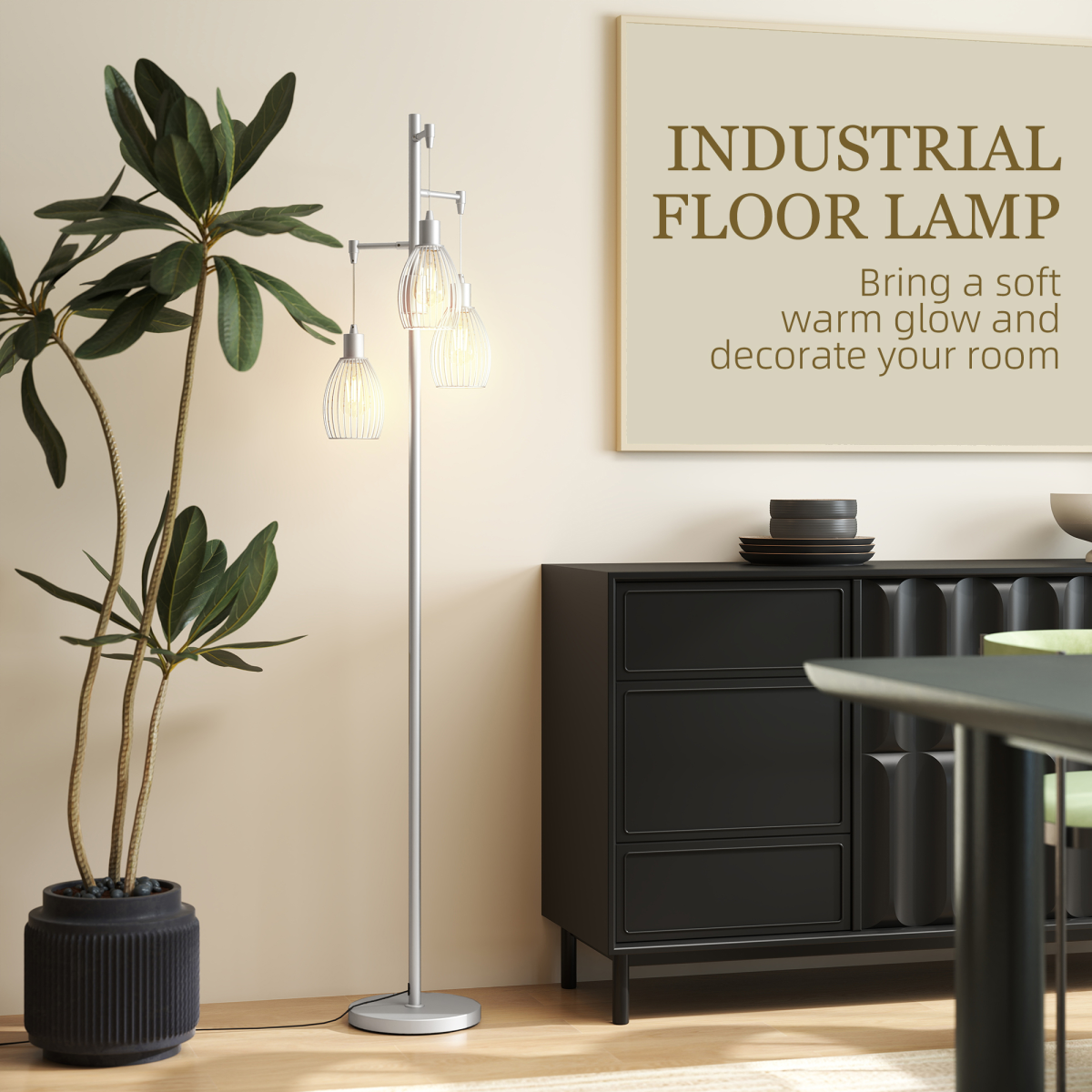 HOMCOM Industrial 3-Light Floor Lamp Dimmable Standing Lamp, Silver Tone