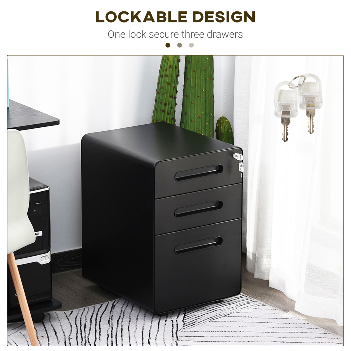 Vinsetto 3-Drawer Steel Filing Cabinet with 4 Wheels, Lockable – Under-Desk Office Storage, Black