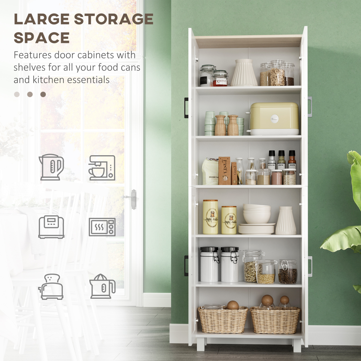 HOMCOM Modern Kitchen Cupboard Storage Cabinet with Adjustable Shelves – Pantry Storage, White