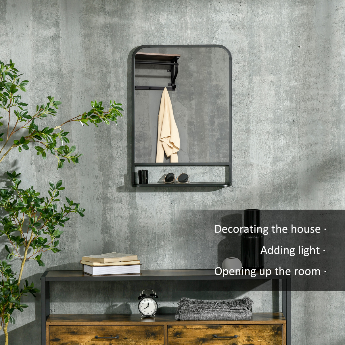 Square Wall Mirror 70 x 50cm with Bottom Shelf – Black Metal Frame for Bathroom, Hallway or Makeup
