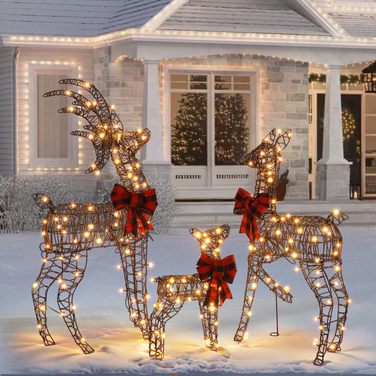 3-Piece Lighted Christmas Reindeer Family Set with 210 Warm White LEDs – Indoor and Outdoor Decoration