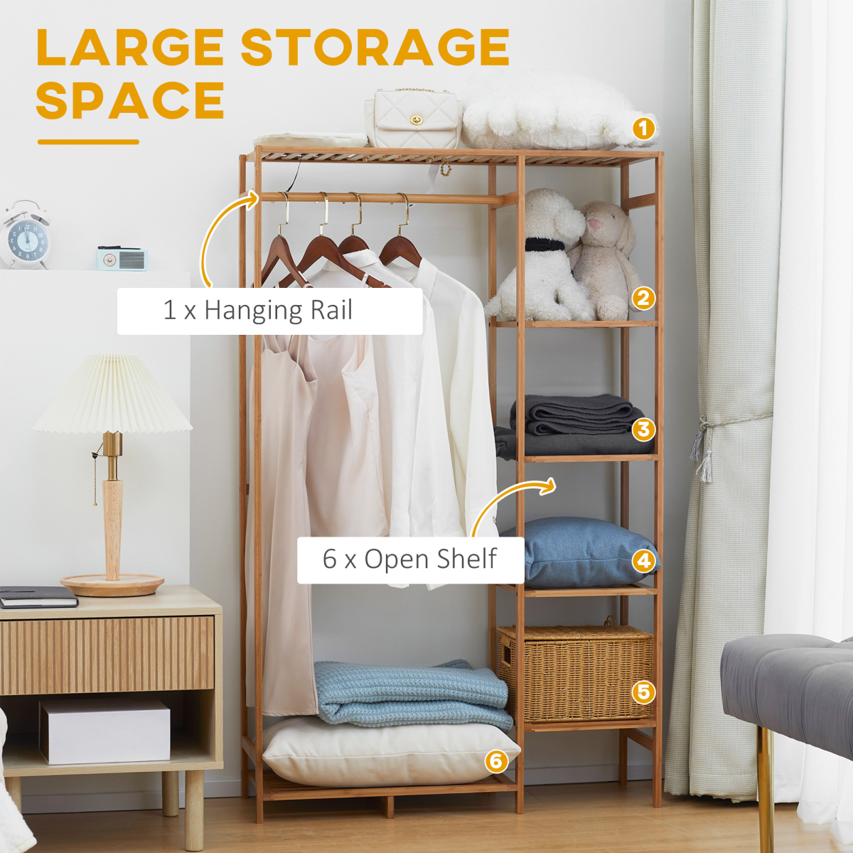 HOMCOM Bamboo Clothes Rail with 6-Tier Shelf & Hanging Rod – 145cm Open Wardrobe Garment Rack