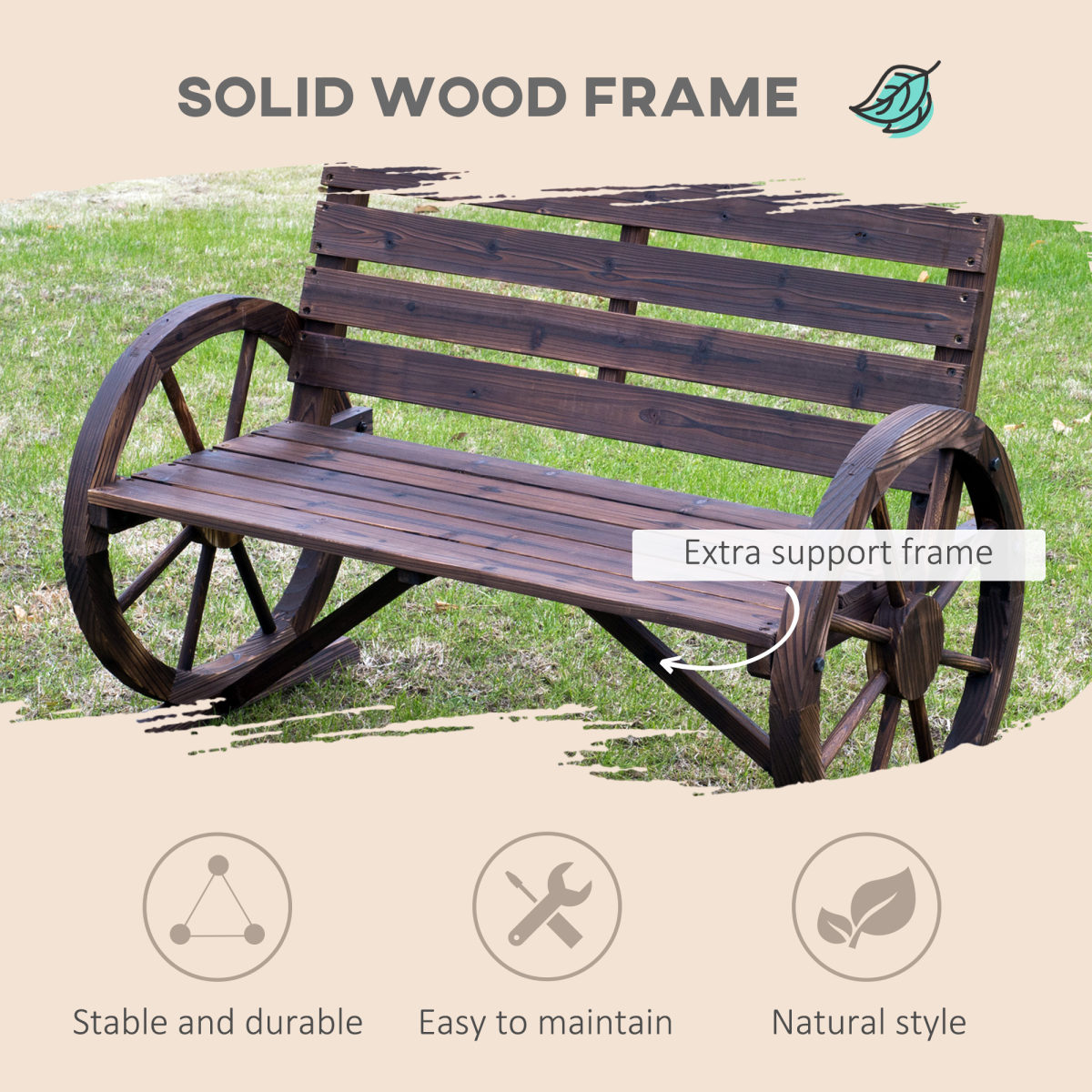 Outsunny Wagon Wheel Wooden Garden Bench with High Back & Armrests – 2-Seater Outdoor Loveseat, Brown