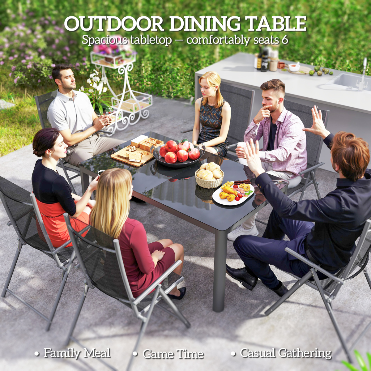 Outsunny Outdoor Dining Table for 6 with Tempered Glass Top & Powder-Coated Aluminium Frame – Patio Furniture, Grey