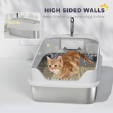 XL Stainless Steel Cat Litter Box with High Sides, Scoop & Entryway Litter Catcher – Large Pet Toilet, Grey