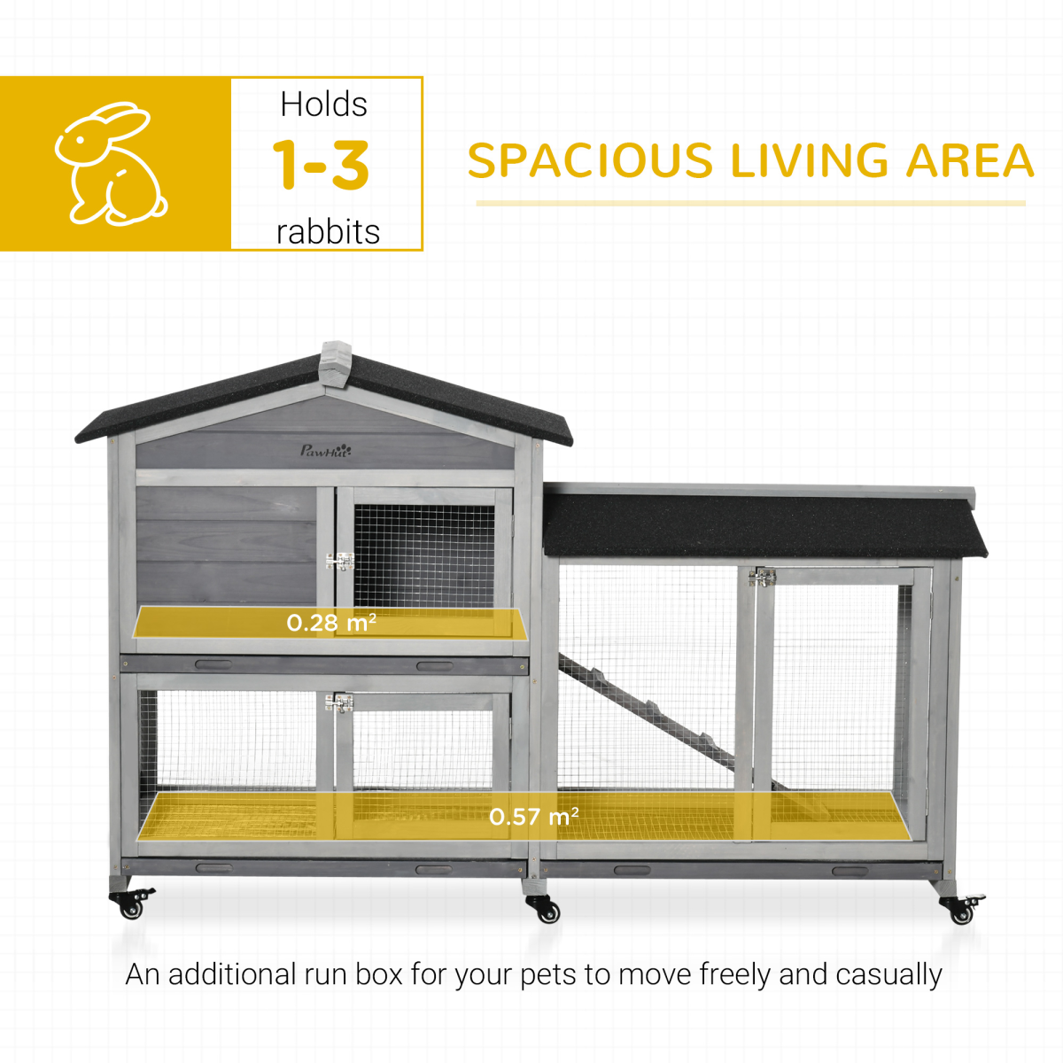 PawHut Wooden Rabbit Hutch, Guinea Pig Cage with Wheels, Slide-Out Tray & Ramp – Outdoor, Light Grey
