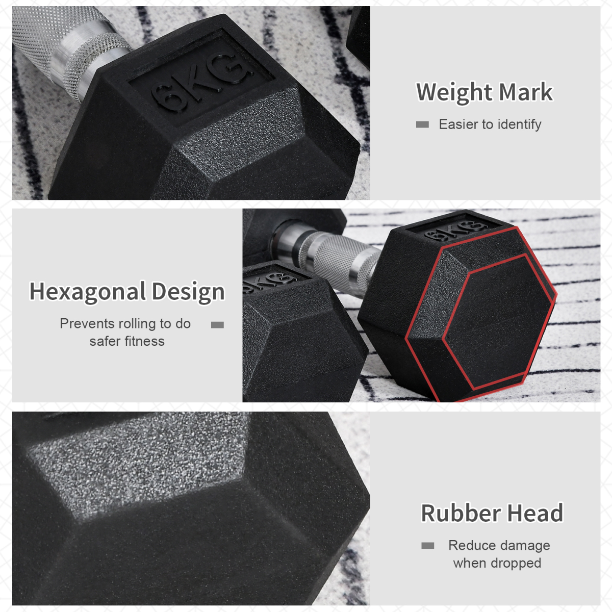 HOMCOM Hexagonal Dumbbells Set, 2 x 6kg with Knurled Handles & Anti-Roll Design – Home Gym Weight Lifting Hand Weights