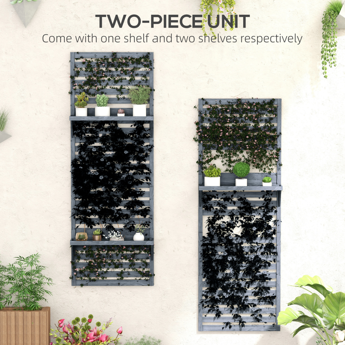Outsunny Set of 2 Wall Mounted Plant Stands with Shelves & Slatted Trellis – Fir Wood Planters, Grey