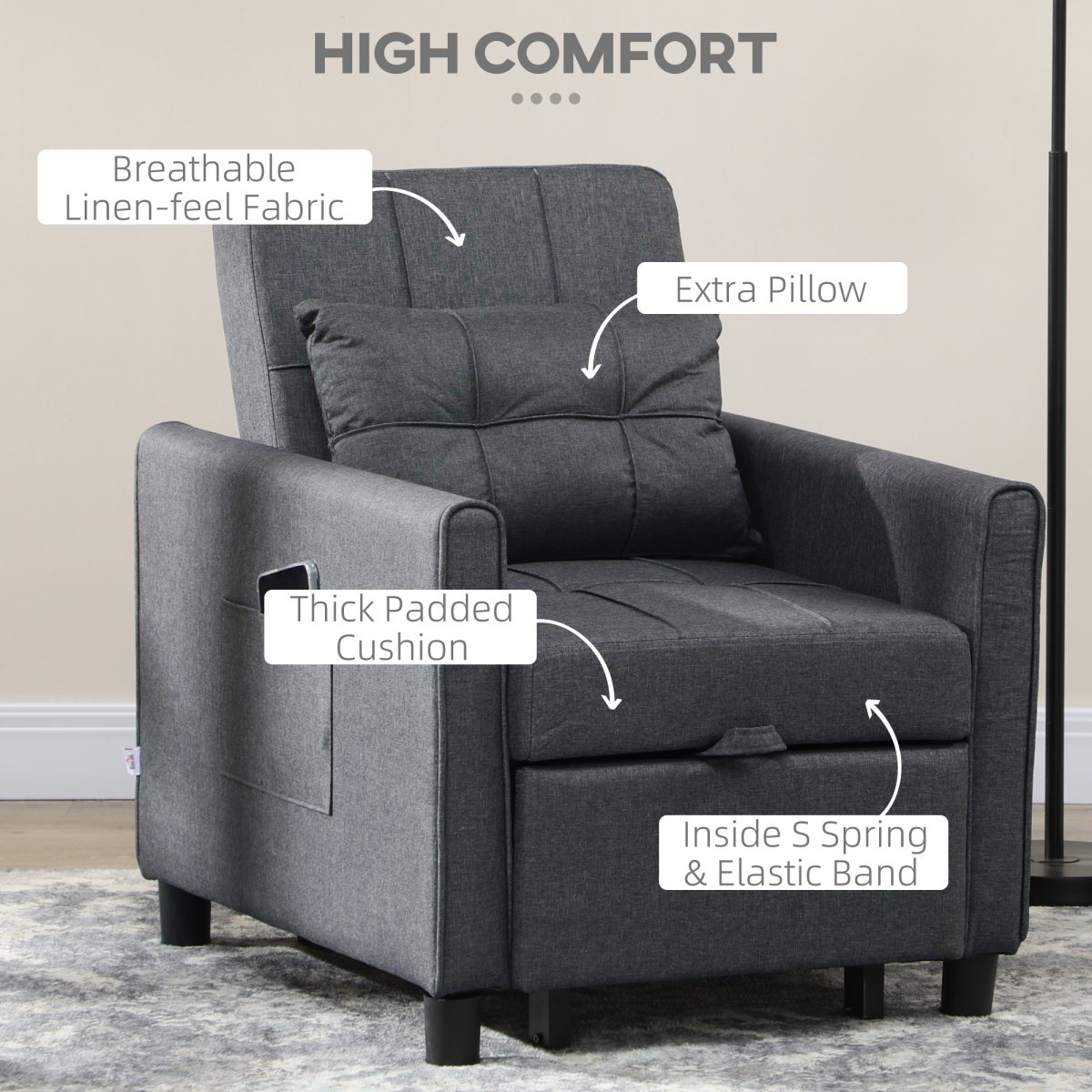 HOMCOM Pull-Out Sleeper Chair Bed with Pillow & Side Pockets – Single Guest Bed, Padded Upholstery, Grey